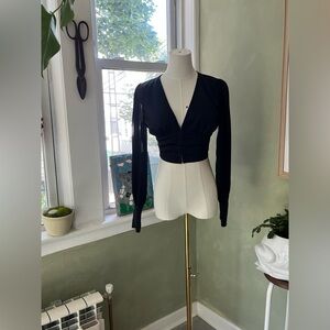 Black satin blouse with mesh sleeves